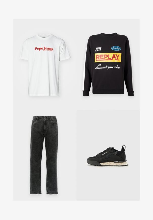 Černá mikina s kulatým výstřihem a bílými pruhy na rukávech, s multikolorovými textovými logy "Replay" a "Laundryworks" na přední straně.; Bílá bavlněná tričko s červeným nápisem "Pepe Jeans". Krátké rukávy a kulatý výstřih, se standardním střihem a bez viditelných vzorů.; Černé džíny z denimu se střihem rovného nohavice, s pěti kapsami, zapínáním na knoflík a jemným vyblednutím po celé látce.; Replay FIELD MELT 25 - Tenisky - black