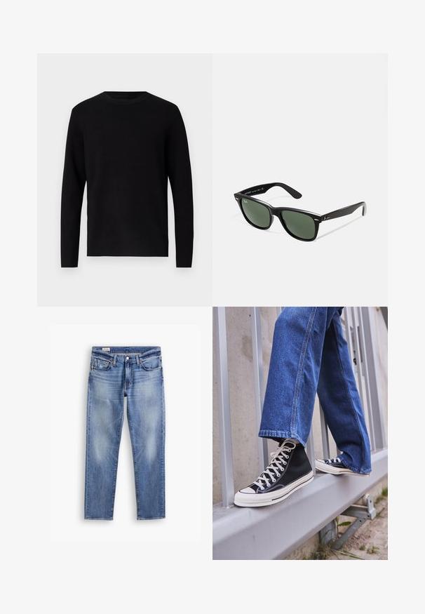 Fekete kötött pulóver, kerek nyakkivágással és hosszú ujjal. Sima textúrájú és egyszínű, látható minták vagy díszítések nélkül.; Világoskék farmernadrág egyenes szabással, fakulásos részekkel, öt zsebes dizájnnal és réz szegecsekkel. Standart gombos zárás a deréknál.; Fekete magasszárú sportcipők fehér talppal és fűzővel, laza kék farmernadrággal párosítva, egy szürke korlát tetején pihenve.; Fekete műanyag napszemüveg zöld lencsékkel, négyzet alakú kerettel, ezüst díszítéssel a keret felső részén, valamint texturált szárakkal. A márka neve a belső száron található.