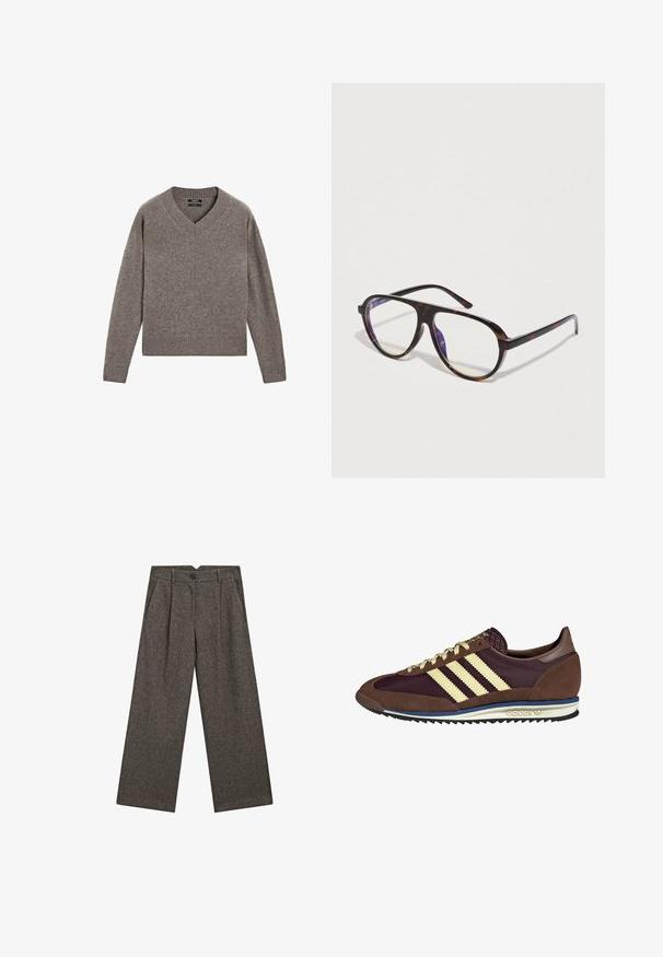 Gray knitted V-neck long-sleeve sweater with ribbed cuffs and hem, displayed flat on a white background.; Light blue button-up shirt made of cotton, featuring a collar, long sleeves, back yoke, and a curved hem with a subtle embroidered logo.; Wide-leg, high-waist dark grey wool trousers with front pleats, side pockets, belt loops, and a black button closure.; Brown and burgundy sneaker with suede and mesh materials, featuring three cream stripes, textured fabric on the tongue, and a rubber sole.; Tortoiseshell eyeglasses with oversized rectangular frames. Clear lenses and smooth, glossy finish contrast with matte temple tips.; Dark brown leather tote bag with slim double handles and a silver-tone rectangular buckle detail on the front strap.