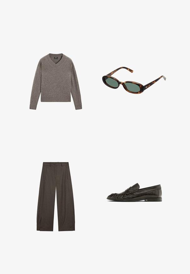 Gray knitted V-neck long-sleeve sweater with ribbed cuffs and hem, displayed flat on a white background.; Light blue button-up shirt made of cotton, featuring a collar, long sleeves, back yoke, and a curved hem with a subtle embroidered logo.; Brown, wide-leg trousers made of textured fabric with a pleated front, belt loops, and button accents at the hem.; Black leather loafers featuring a fringed design on the toe, flat sole, and a stitched accent across the upper. Smooth texture and minimalist style.; Tortoiseshell sunglasses with oval frames and green lenses. Features thin arms with a metallic accent near the hinges.; Dark brown leather tote bag with slim double handles and a silver-tone rectangular buckle detail on the front strap.