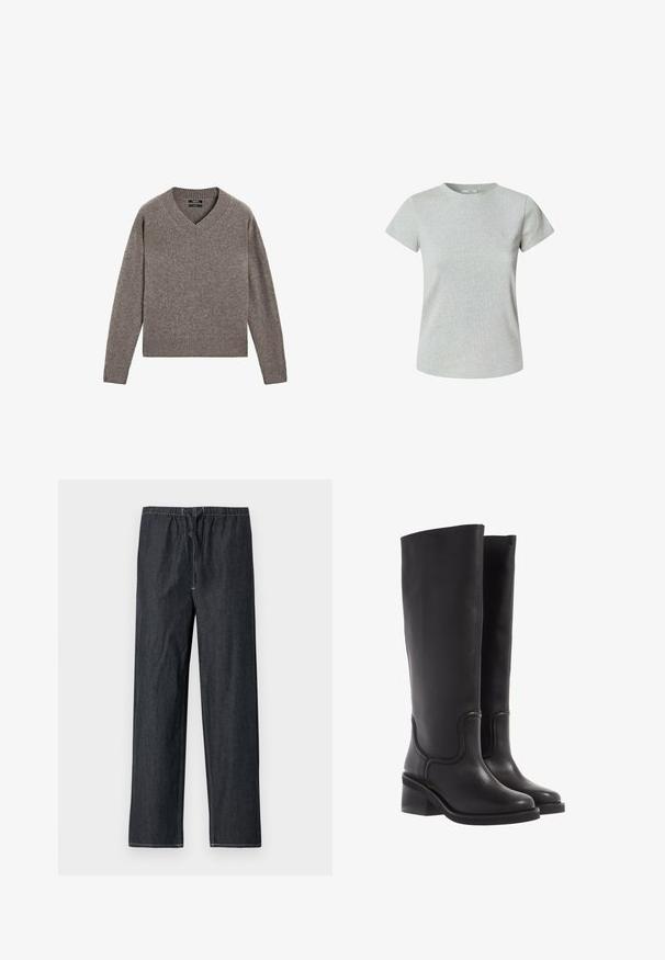 Grijze gebreide V-hals trui met lange mouwen en geribbelde manchetten en zoom, vlak op een witte achtergrond weergegeven.; Grijze katoenen t-shirt met korte mouwen en een ronde halslijn. Gladde textuur, klassieke pasvorm en geen zichtbare patronen of versieringen.; Donkere spijkerbroek met een elastische tailleband en een trekkoord, uitgevoerd met een rechte pijp en contrasterende stiksels.; Zwarte leren kniehoge laarzen met een soepele textuur, ronde neus en een chunkyer heel. Heeft subtiele stiksels en een gestroomlijnd ontwerp.