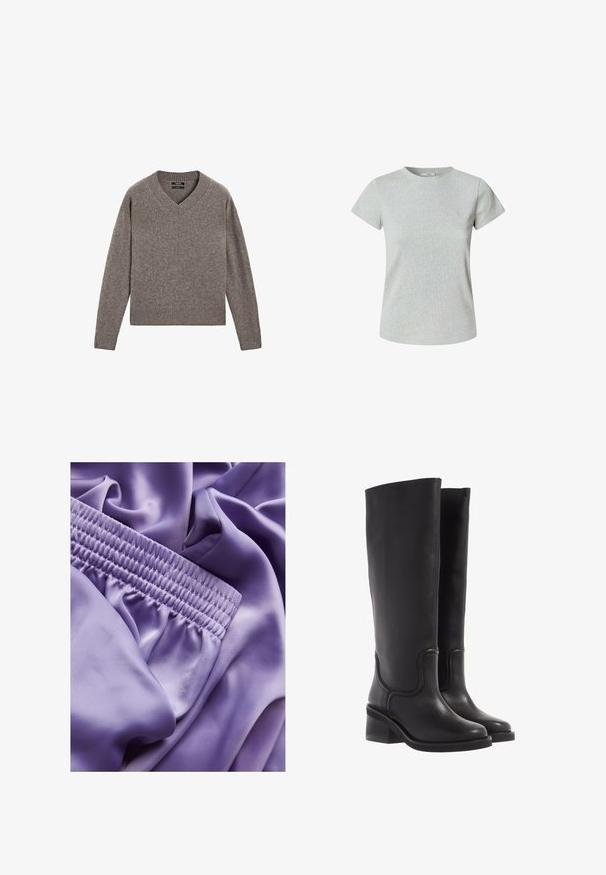 Szary, dziany sweter z dekoltem w serek i długim rękawem, z prążkowanymi mankietami i dołem, wyłożony na białym tle.; Szara bawełniana koszulka z krótkim rękawem i okrągłym dekoltem. Gładka faktura, klasyczny krój, brak widocznych wzorów lub zdobień.; JJXX JXKIRA REGULAR PANT - Spodnie materiałowe; Czarne skórzane kozaki do kolan o gładkiej fakturze, zaokrąglonym nosku i masywnym obcasie. Posiadają subtelne przeszycia i elegancki kształt.