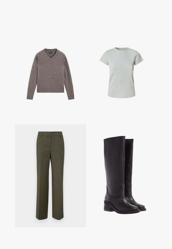 Šedý pletený svetr s V výstřihem a dlouhými rukávy, s žebrovanými manžetami a spodním lemem, vystavený na bílém pozadí.; Šedé bavlněné tričko s krátkým rukávem a kulatým výstřihem. Hladká textura, klasický střih a žádné viditelné vzory ani ozdoby.; Olivově zelené kalhoty na míru vyrobené z texturované látky. Mají rovný střih, plochý přední díl a bez viditelných zdobení.; Černé kožené kozačky do kolen s hladkým povrchem, zaoblenou špičkou a masivním podpatkem. Disponují jemným švem a elegantním designem.