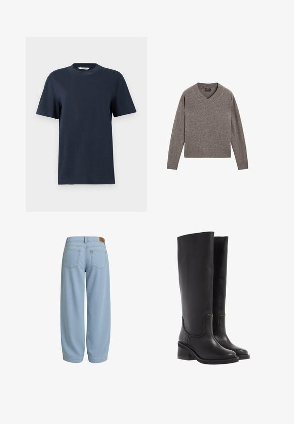 Grauer gestrickter V-Ausschnitt Pullover mit langen Ärmeln, gerippten Bündchen und Saum, flach auf einem weißen Hintergrund präsentiert.; Navyblaues T-Shirt mit kurzen Ärmeln aus Baumwolle, mit Rundhalsausschnitt und lässiger Passform, minimalistisch im Design.; Hellblaue Denim-Hosen mit entspannter Passform, zwei Gesäßtaschen, einem Bund mit einem braunen Lederpatch und schmal zulaufenden Knö cheln.; Schwarze Lederstiefel bis zum Knie mit glatter Textur, abgerundeter Spitze und klobigem Absatz. Mit dezenten Nähten und einem schlanken Design.