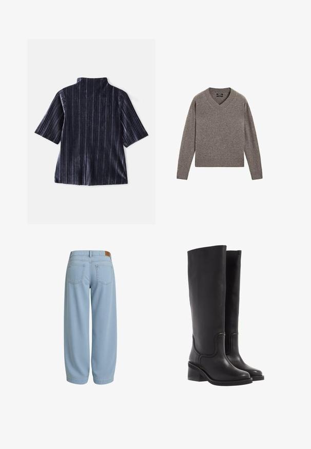 Grå strikket V-hals langærmet sweater med ribbede manchetter og kant, præsenteret fladt på en hvid baggrund.; Mørk fløjl kortærmet bluse med lodrette striber, ståkrave og blød tekstur. Har en afslappet pasform og glat finish.; Lysblå denimbukser med en afslappet pasform, der har to baglommer, en talje med en brun læderlappen og en tapered ankel.; Sorte læder knæ-høje støvler med en glat tekstur, rund tå og en chunky hæl. Har diskret syninger og et strømlinet design.