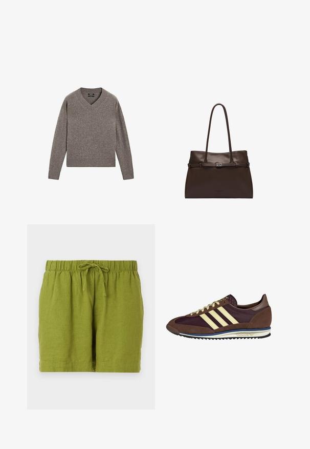 Gray knitted V-neck long-sleeve sweater with ribbed cuffs and hem, displayed flat on a white background.; Green linen shorts with an elastic waistband and adjustable drawstring, featuring a relaxed fit and straight hem.; Brown and burgundy sneaker with suede and mesh materials, featuring three cream stripes, textured fabric on the tongue, and a rubber sole.; Dark brown leather tote bag with slim double handles and a silver-tone rectangular buckle detail on the front strap.