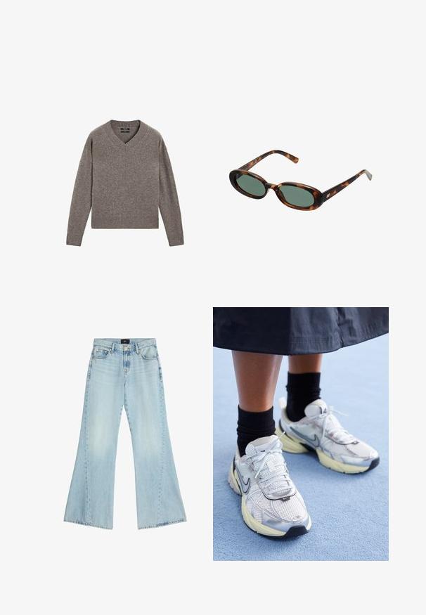 Grå strikket V-hals langærmet sweater med ribbede manchetter og kant, præsenteret fladt på en hvid baggrund.; Lysblå vide jeans lavet af denim. Høj talje med fem-lomme design og rå kant. Bleg vask med subtile slidser og syningsdetaljer.; Hvide og sølv Nike sneakers med mesh-stof, reflekterende detaljer og en beige sål. Bæres med sorte sokker og står på en blå overflade.; Skildpaddemønstrede solbriller med ovale stel og grønne linser. Har tynde arme med en metallisk detalje nær hængslerne.