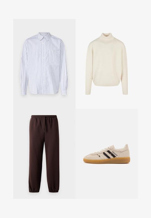 Kremkrāsas augstu izgriezumu džemperis, izgatavots no mīksta, strukturēta adījuma; ar brīvu piegriezumu un ribotiem piedurkņu galiem. Nav rakstu vai rotājumu.; Balta krekla ar garām piedurknēm un vertikālām tumši zila svītrām, ar krūšu kabatu un klasisku apkakli. Gluda auduma, atvieglota piegrieze.; Brūnas sporta bikses ar aukliņu jostasvietā, elastīgām apkaklēm un gludu kokvilnas materiālu. Piedāvā brīvu piegriezumu un minimālu dizainu.; Bēšas zamšādas kedas ar melnām svītrām un "Spezial" tekstu, aprīkotas ar teksturētu gumijas zoli un klasisku saites dizainu.