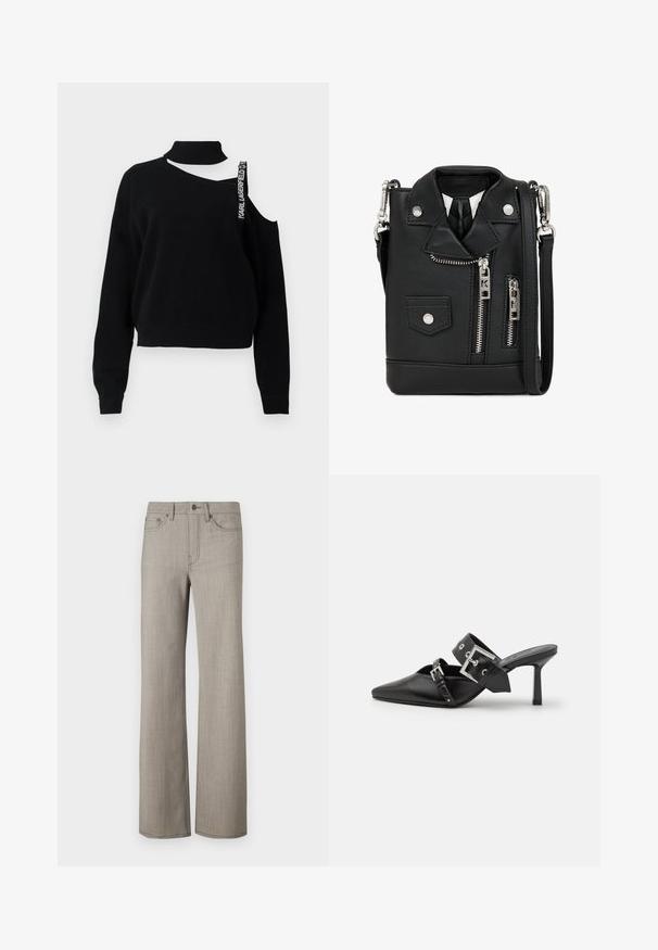 Sort sweater med høj hals, en skulder blottet og et fremtrædende bånd med teksten "Karl Lagerfeld." Struktureret strik med ribbede manchetter.; Bredde benbukser i en lys grå, tekstureret stof med en glat overflade. Har en knaplukning og fem-lomme design.; Sorte højhælede mules med spids tå, lavet af glat læder. Har et bredt ankelrem med en firkantet sølv spænde og nitter.; Sort faux læder crossbody taske, designet som en motorcykeljakke. Har lynlåse, trykknapper og en skulderrem. Kompakt med et edgy udseende.