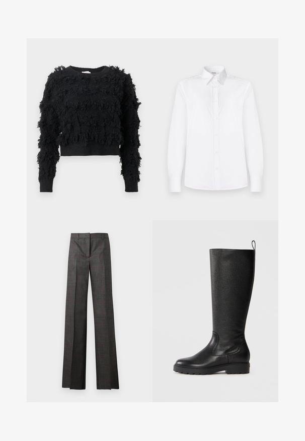 Mustvärviline lühike sviiter, millel on tekstuurne, pehme pind. Pika varrukaga ja ümmargune kaelus, millel on ebatavalised mustrid kogu materjali ulatuses.; Valge pikakäigeline särk, mis on valmistatud siledast kangast, millel on krae ning ees on väikeste roosade nuppudega nööpidega kinnitamine.; Hallid hallid triibulised püksid laia säärega, punase aktsendiga, siledast materjalist ja kohandatud vöökohaga. Keskmise kõrgusega disain, ideaalne ametlikeks üritusteks.; Mustad mustekad kahekohalised saapad tekstuurses nahas, ümarate varvastega, tugeva kummist tallaga, millel on haardevõime, ja ülemises osas tõmbeaas.