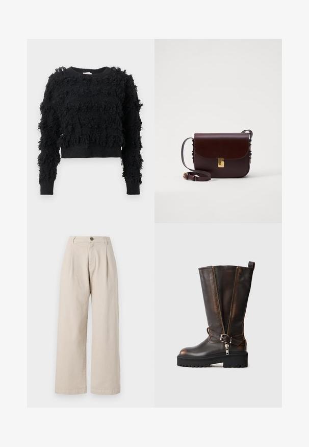 Musta lyhythihainen neule, jossa on tekstuuri ja pörröinen pinta. Pitkät hihat ja pyöreä pääntie, kudoksen läpi kulkee epäsäännöllisiä kuvioita.; Beige leveled trousers with a high waist, front pleats, a single button closure, and a smooth fabric texture.; Ruske kožne čizmice do kolena sa duplim patentima, podesivim remenom s kopčom i debelom gumiranom potplatom. Imaju glatku i teksturiranu završnu obradu.; Ruskea nahkainen laukku, jossa on läppäkiinnitys, kultaiset yksityiskohdat ja säädettävä olkaimet. Ominaisuuksiin kuuluu sileä pinta ja tyylikäs suorakulmainen muoto.