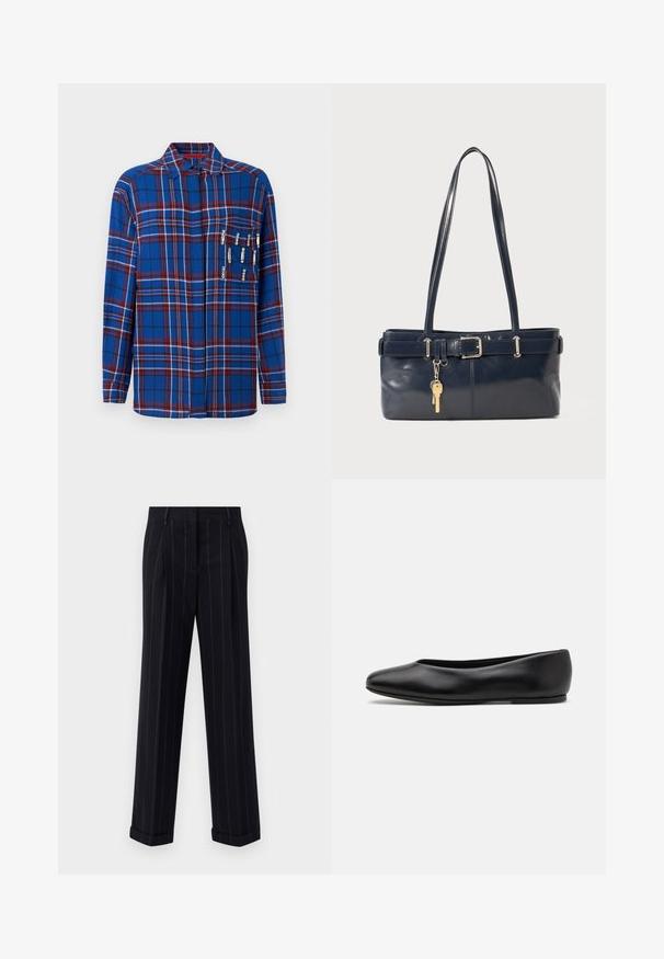 Pull en marine foncé avec un col rond, des manches raglan longues, des poignets côtelés et un ourlet droit. Fabriqué en un matériau tricoté doux et texturé.; Chemise à manches longues à carreaux bleus avec des accents rouges et blancs, comprenant des épingles de sûreté décoratives sur la poche poitrine, avec un col.; Pantalons noirs à rayures fines avec une coupe ajustée, dotés d'un ourlet à revers et de plis avant. Fabriqués en tissu lisse avec un design structuré.; Paul Smith TOPANGA - Ballerines - black; Sac à main en cuir bleu marine avec deux longues poignées, un détail de boucle et un porte-clés accroché. Il présente une texture lisse et une forme rectangulaire.