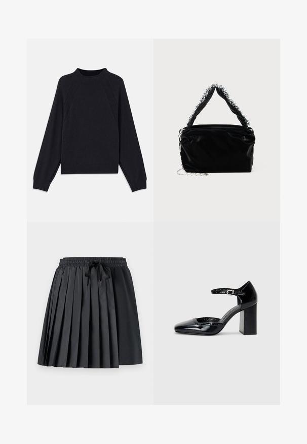 Temno modra majica s krožnim izrezom, dolgimi raglan rokavi, rebrastimi manšetami in ravnim robom. Narejena iz mehke, teksturirane pletene tkanine.; Črna plisirana krila z elastiko v pasu in vrvico; združuje gladko in teksturirano tkanino za plasteven videz.; Črne lakirane usnjene čevlje s peto, kvadratnim izrezom, trakovi okrog gležnja in masivno peto. Vsebujejo perforirane detajle ob robu.; Črna torba iz umetnega usnja z teksturirano površino, ki ima bisernat srebrni okras vzdolž zgornjega ročaja in verižni pas.