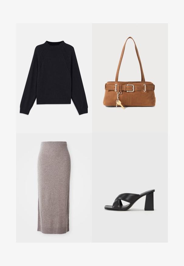 Maglione blu scuro con scollatura rotonda, maniche lunghe a raglan, polsini a coste e orlo dritto. Realizzato in un morbido materiale a maglia testurizzato.; Gonna a tubo di lunghezza ginocchio in maglia taupe con cintura e orlo a costine, dotata di fessure laterali per un comfort e uno stile aggiuntivi.; MAX&Co. SOHO - Sandali con tacco - schwarz; Borsa di pelle scamosciata marrone con una forma strutturata, hardware in tonalità argento, due manici per la spalla e un portachiavi decorativo attaccato.