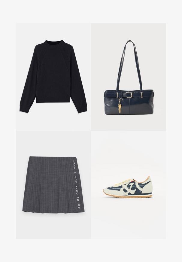 Sweater azul marinho escuro com decote redondo, mangas raglan longas, punhos canelados e barra reta. Feito de um material de malha macia e texturizada.; MAX&Co. LONG VERY SHORT - Saia plissada - mittelgrau; Sapatilhas com uma combinação de materiais creme, azul marinho e camurça, design de atacadores, costura diagonal e sola de borracha com tracção.; Bolsa de couro azul-marinho com duas alças longas, um detalhe de fivela e um porta-chaves anexado. Apresenta uma textura suave e uma forma retangular.