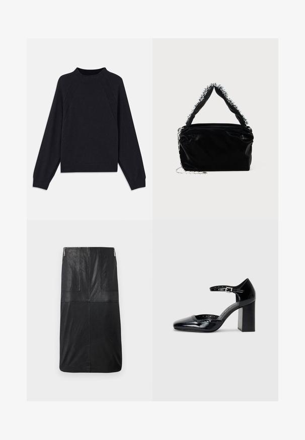 Dark navy sweater with a round neckline, long raglan sleeves, ribbed cuffs, and a straight hem. Made from a soft, textured knit material.; Black leather pencil skirt, mid-length, features a smooth texture, vertical stitching details, and a discreet side zipper.; Black patent leather high-heeled shoes with a square toe, ankle strap, and a chunky heel. Includes perforated detailing along the rim.; Black faux leather handbag with a textured finish, featuring a beaded silver accent along the top handle and a chain strap.