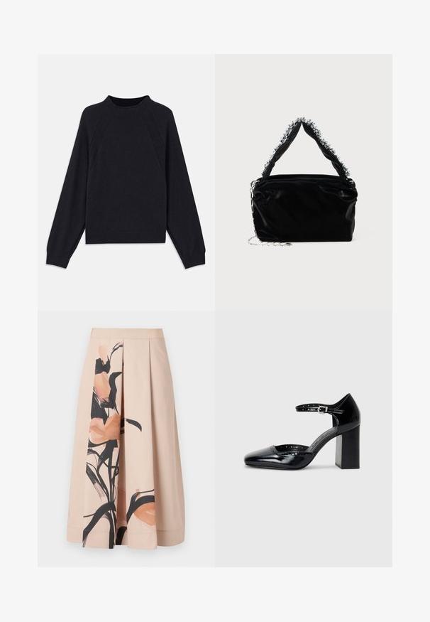Pull en marine foncé avec un col rond, des manches raglan longues, des poignets côtelés et un ourlet droit. Fabriqué en un matériau tricoté doux et texturé.; Jupe plissée beige en matière mélangée coton, présentant un imprimé floral abstrait dans des tons doux de pêche et de noir d'un côté.; Chaussures à talons hauts en cuir verni noir avec un bout carré, une bride de cheville et un talon épais. Comprend des détails perforés le long du bord.; Sac à main en simili cuir noir avec une finition texturée, doté d'un accent en perles argentées le long de la anse supérieure et d'une bandoulière en chaîne.
