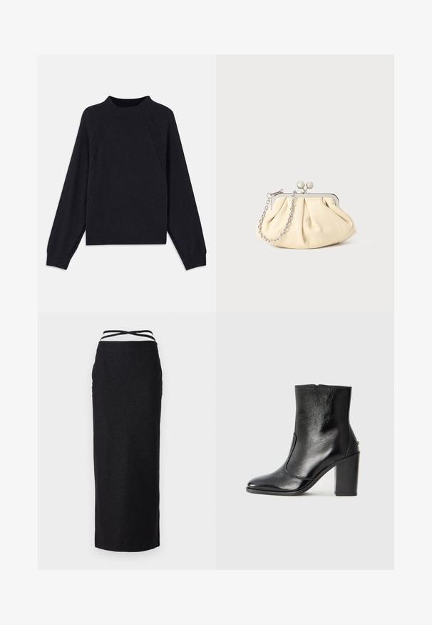 Sweater azul marinho escuro com decote redondo, mangas raglan longas, punhos canelados e barra reta. Feito de um material de malha macia e texturizada.; Saia maxi preta feita de um tecido suave e leve, apresentando uma cintura alta com tiras cruzadas e um silhueta reta.; Bota ankle preta em pele com uma textura suave, bico fino e um salto alto robusto. Apresenta uma abertura lateral e um design minimalista.; Clutch de couro bege plissado com uma estrutura de metal prateado, apresentando dois fechos decorativos redondos e uma alça de corrente prateada.