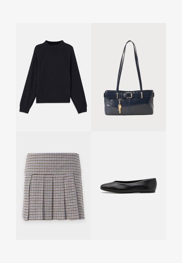 Dunkelblauer Pullover mit rundem Ausschnitt, langen Raglanärmeln, gerippten Bündchen und geradem Saum. Hergestellt aus einem weichen, strukturierten Strickmaterial.; Faltenrock in einem braun-beige-blauen Karomuster. Hergestellt aus einem strukturierten Stoff mit einer engen Taille und dekorativen Falten.; Paul Smith TOPANGA - Klassischer Ballerina - black; Marineblaue Lederhandtasche mit zwei langen Griffen, einer Schnallen-Detailierung und einem daran befestigten Schlüsselanhänger. Besitzt eine glatte Textur und eine rechteckige Form.