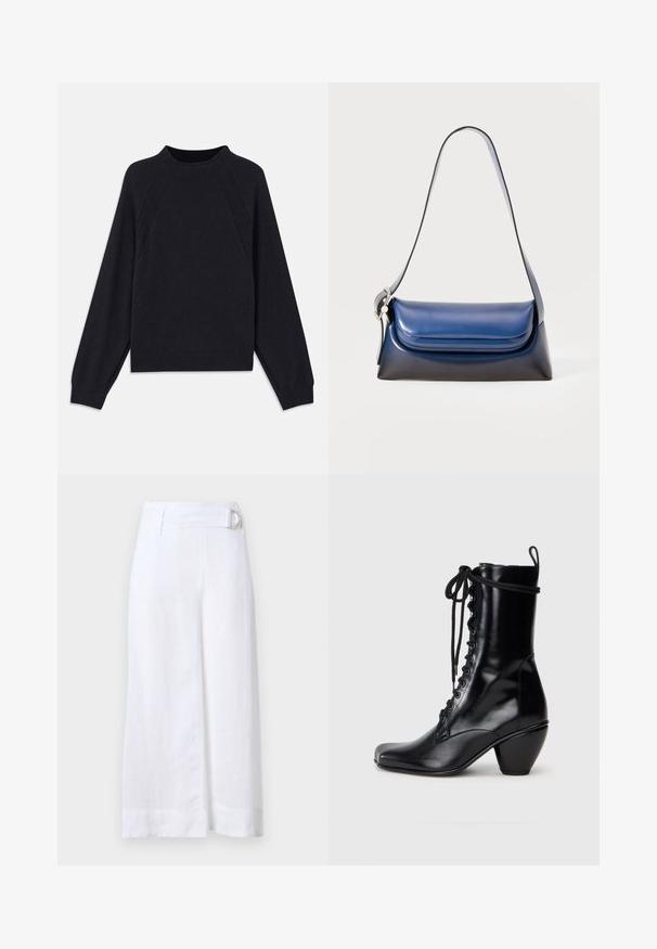 Pull en marine foncé avec un col rond, des manches raglan longues, des poignets côtelés et un ourlet droit. Fabriqué en un matériau tricoté doux et texturé.; Culottes en lin blanc avec une coupe évasée, dotées d'une ceinture avec une boucle en métal circulaire et de plis plats à l'avant.; Bottines en cuir noir avec un bout carré, un laçage à l'avant et un talon chunky et évasé. Texture lisse et finition élégante.; Sac en cuir bleu marine avec une finition lisse, présentant une forme arrondie, un haut plié et une seule bandoulière. Inclus, un accent en matériel argenté.