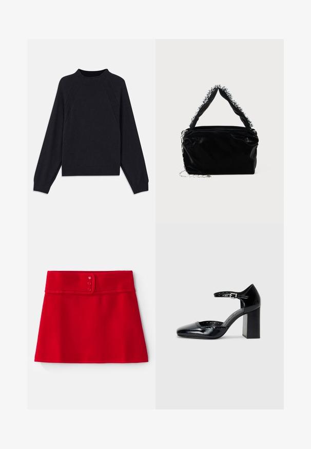 Temno modra majica s krožnim izrezom, dolgimi raglan rokavi, rebrastimi manšetami in ravnim robom. Narejena iz mehke, teksturirane pletene tkanine.; Rde krilo A-linije iz gladkega materiala z širokim pasom, ki vsebuje tri rožnate gumbe in obdelan rob na dnu.; Črne lakirane usnjene čevlje s peto, kvadratnim izrezom, trakovi okrog gležnja in masivno peto. Vsebujejo perforirane detajle ob robu.; Črna torba iz umetnega usnja z teksturirano površino, ki ima bisernat srebrni okras vzdolž zgornjega ročaja in verižni pas.