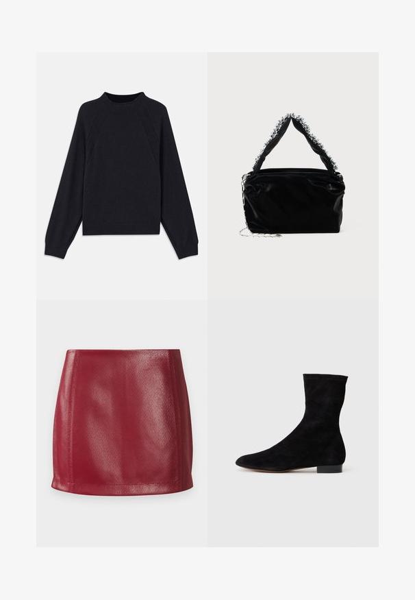 Maglione blu scuro con scollatura rotonda, maniche lunghe a raglan, polsini a coste e orlo dritto. Realizzato in un morbido materiale a maglia testurizzato.; Mini gonna in ecopelle rossa con texture liscia, design aderente e orlo dritto con una leggera lucentezza e dettagli a motivo diagonale.; Stivale alla caviglia in suede nero con gambale aderente, punta affusolata e tacco a blocco basso. Texture liscia e design minimalista, adatto per uno stile versatile.; Borsa a tracolla nera in ecopelle con finitura testurizzata, caratterizzata da un accento in argento con perline lungo il manico superiore e una tracolla a catena.