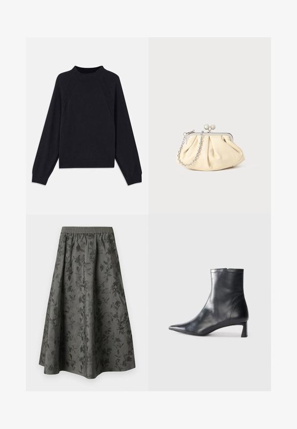 Sweater azul marinho escuro com decote redondo, mangas raglan longas, punhos canelados e barra reta. Feito de um material de malha macia e texturizada.; Saia midi cinza escura com faixa elástica na cintura, apresentando um padrão floral gravado por toda a parte, acrescentando textura e interesse visual.; Bota de tornozelo em pele preta com biqueira apontada e um design elegante. Apresenta um salto baixo e um fecho com zipper na parte de trás. Textura suave.; Clutch de couro bege plissado com uma estrutura de metal prateado, apresentando dois fechos decorativos redondos e uma alça de corrente prateada.