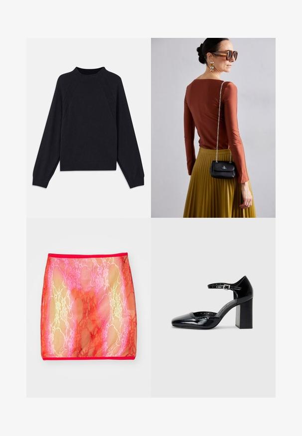 Donkerblauwe trui met een ronde halslijn, lange raglanmouwen, geribbelde manchetten en een rechte zoom. Gemaakt van een zachte, gestructureerde breimateriaal.; Doorzichtige kanten minirok met eenGradient van roze en rood, met een bloemenpatroon, afgewerkt met een effen rode tailleband.; Zwarte lakleren hoge hakken met een vierkante neus, enkelbandje en een chunky hak. Inclusief geperforeerde details langs de rand.; Vivienne Westwood SMALL PURSE CHAIN - Schoudertas - black