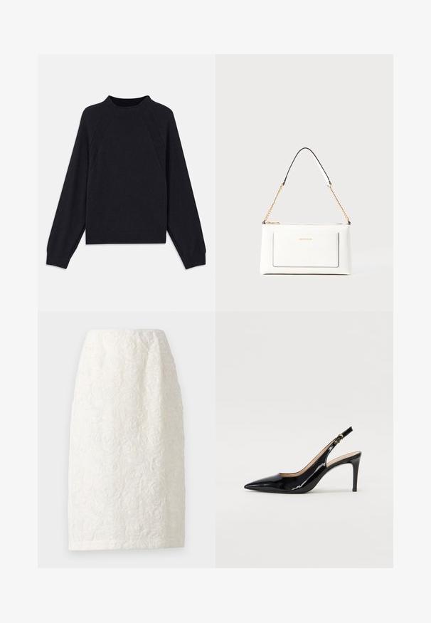 Tume meresinine sviiter ümmarguse kaelusega, pikkade raglanist varrukatega, soonikkoes mansettidega ja sirge äärega. Valmistatud pehmest, tekstuuriga kudumist.; Knee-pikkusega valge seelik, millel on tekstureeritud lilleline muster, tõstetud rooside kujutiste ja peene sädelusega. Lihtne, sirge siluett.; Must hõbedavärvi patendiga slingback kontsakingad terava varbaga, kitsas konts ja peene lõikega disain. Statistika on kuldne pandla rihmal.; Valge nahast kott tekstureeritud viimistlusega, millel on kuldne kettling ja mustad aktsendid. Include eesmine tasku ja tõmblukk.