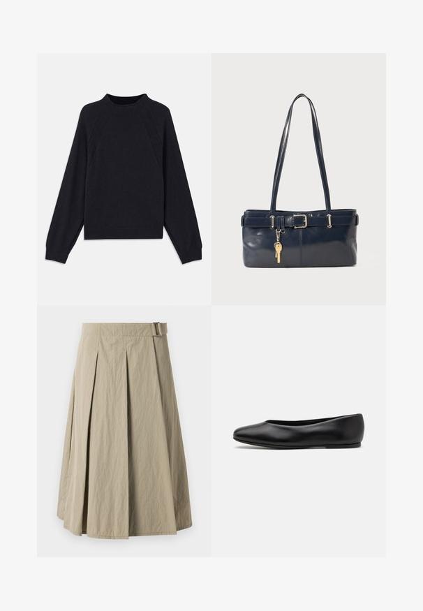 Dark navy sweater with a round neckline, long raglan sleeves, ribbed cuffs, and a straight hem. Made from a soft, textured knit material.; Beige pleated skirt with a smooth texture, featuring a belt loop and an A-line shape, designed with a knee-length cut.; Paul Smith TOPANGA - Ballet pumps - black; Navy leather handbag with two long handles, a buckle detail, and a keychain attached. Features a smooth texture and a rectangular shape.