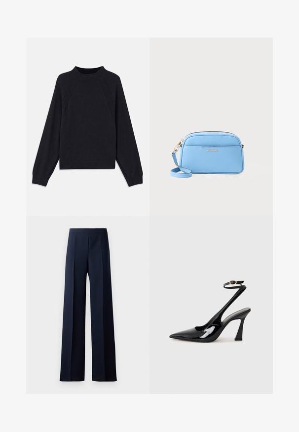 Dark navy sweater with a round neckline, long raglan sleeves, ribbed cuffs, and a straight hem. Made from a soft, textured knit material.; Wide-leg trousers in dark navy fabric, featuring a smooth texture, subtle front pleats, and a fitted waistband for a streamlined silhouette.; Black patent leather slingback high heels with a pointed toe, adjustable ankle strap, and a moderate block heel. Smooth texture with glossy finish.; Light blue leather crossbody bag with gold-tone hardware, zip closure, and a front pocket. Features an adjustable strap for convenience.