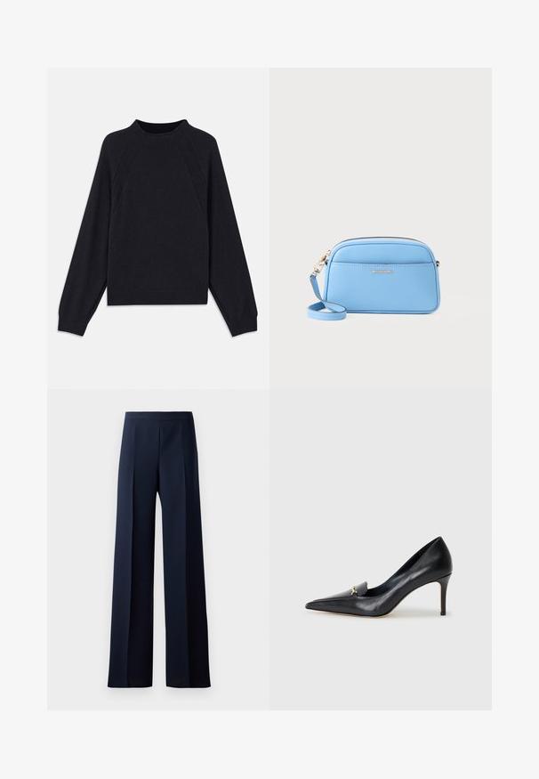 Tamsiai mėlynas megztukas su apvaliu iškirpimu, ilgomis raglan rankovėmis, rausvais rankogaliais ir tiesiu apatine dalimi. Pagamintas iš minkštos, tekstūruotos megztos medžiagos.; Plati kelnių juodos tamsios spalvos audinys, turintis lygų paviršių, subtilius priekinius raukšlės ir prigludusią liemenėlę, užtikrinančias elegantišką siluetą.; Juodas odinis aukštakulnis batelis su smailiu pirštu, žemu iškirpimu ir dekoratyviu auksiniu akcentu. Yra stiletto kulnas ir glotnus paviršius.; Šviesiai mėlyna odinė per Petį nešama rankinė su auksinės spalvos detalėmis, užtrauktuko uždarymu ir priekinėmis kišenėmis. Yra reguliuojama dirželis patogumui.