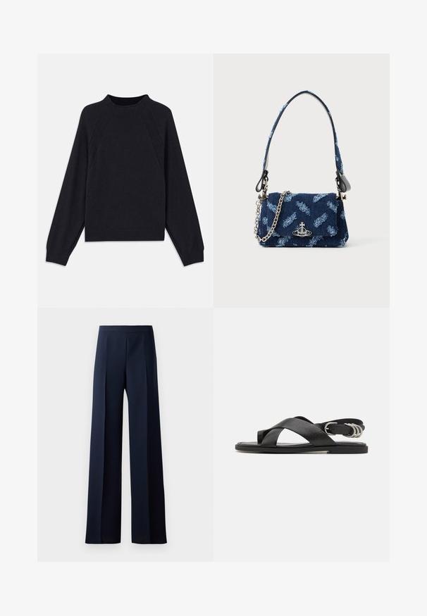 Mørk marinblå genser med rund hals, lange raglanermer, ribbestrikkede mansjetter og rett fald. Laget av et mykt, teksturert strikkemateriale.; Bredde ben bukser i mørk marineblått stoff, med en glattere tekstur, subtile frontbretter og en tettsittende livlinje for en strømlinjeformet silhuett.; rag & bone GIA TOE LOOP - Sandaler - black; Mørkeblå stoffhåndveske med teksturdesign, sølvfarge detaljer og avtakbar kjedehank. Har klaffelukking og logoakcent.