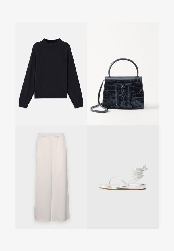 Maglione blu scuro con scollatura rotonda, maniche lunghe a raglan, polsini a coste e orlo dritto. Realizzato in un morbido materiale a maglia testurizzato.; Pantaloni a gamba larga beige chiaro con fascia elastica in vita. Tessuto liscio, lunghezza completa, senza decorazioni o motivi visibili.; Sandali metallici argento con design a tanga, fascia alla caviglia e suola piatta con finitura texture.; Borsa in pelle nera con incisione a forma di coccodrillo, dal design strutturato, dotata di manico superiore, tracolla regolabile e un evidente dettaglio logo frontale.
