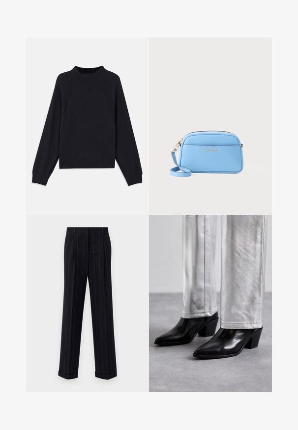 Dark navy sweater with a round neckline, long raglan sleeves, ribbed cuffs, and a straight hem. Made from a soft, textured knit material.; Black pinstriped trousers with a tailored fit, featuring a cuffed hem and front pleats. Made of smooth fabric with a structured design.; Black leather ankle boots with a pointed toe and block heel, paired with shiny silver pants, showcasing sleek textures and contrasting colors.; Light blue leather crossbody bag with gold-tone hardware, zip closure, and a front pocket. Features an adjustable strap for convenience.