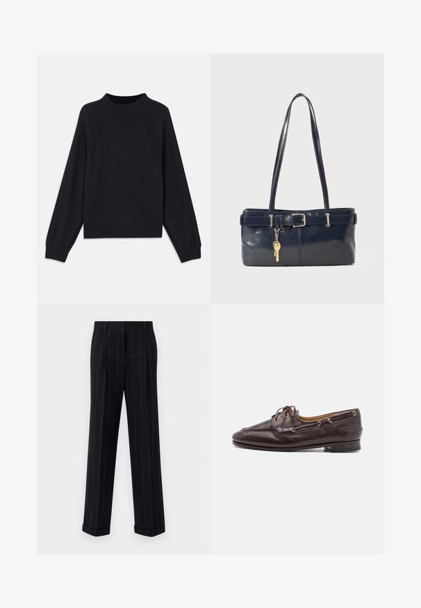 Pull en marine foncé avec un col rond, des manches raglan longues, des poignets côtelés et un ourlet droit. Fabriqué en un matériau tricoté doux et texturé.; Pantalons noirs à rayures fines avec une coupe ajustée, dotés d'un ourlet à revers et de plis avant. Fabriqués en tissu lisse avec un design structuré.; Mocassins en cuir marron avec un design structuré, œillets dorés et lacets. Caractérisés par un petit talon et des coutures détaillées le long de l'empeigne.; Sac à main en cuir bleu marine avec deux longues poignées, un détail de boucle et un porte-clés accroché. Il présente une texture lisse et une forme rectangulaire.