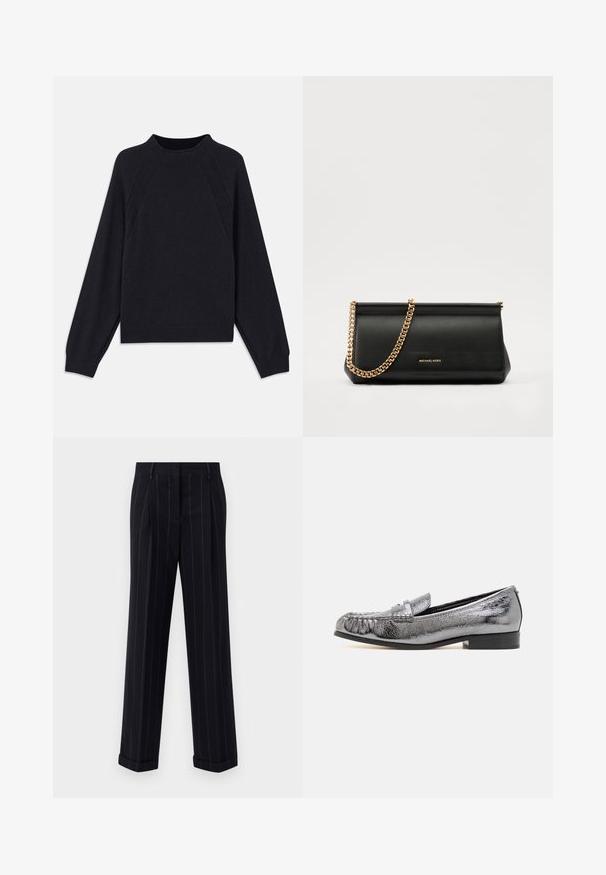 Mørk marinblå genser med rund hals, lange raglanermer, ribbestrikkede mansjetter og rett fald. Laget av et mykt, teksturert strikkemateriale.; Svarte pinstripede bukser med en tilpasset passform, som har en oppbrett på bunnen og frontfolder. Laget av glatt stoff med en strukturert design.; Metallisk sølv lærloafers med en strukturert overflate, med frynse detaljer og en lav svart hæl. Klassisk og strømlinjeformet fasong.; Svart skinnkuvertveske med en gullkjede-rem, med en glatt tekstur, rektangulær form og preget merkevare på forsiden.