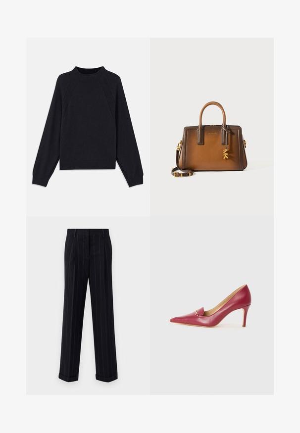 Mørkeblå sweater med rund halsudskæring, lange raglanærmer, ribbede manchetter og lige nederkant. Fremstillet af et blødt, tekstureret strikmateriale.; Sorte pinstripede bukser med en skræddersyet pasform, der har en manchetkant og frontfolder. Lavet af glat stof med et struktureret design.; Rød læder højhælet sko med spids tå og glat overflade, der har en lille flap og detaljer i guld på forfod.; Brun læder håndtaske med dobbelt topremme, en aftagelig skulderrem, guldfarvet hardware og en dekorativ charm med bogstaverne "MK."