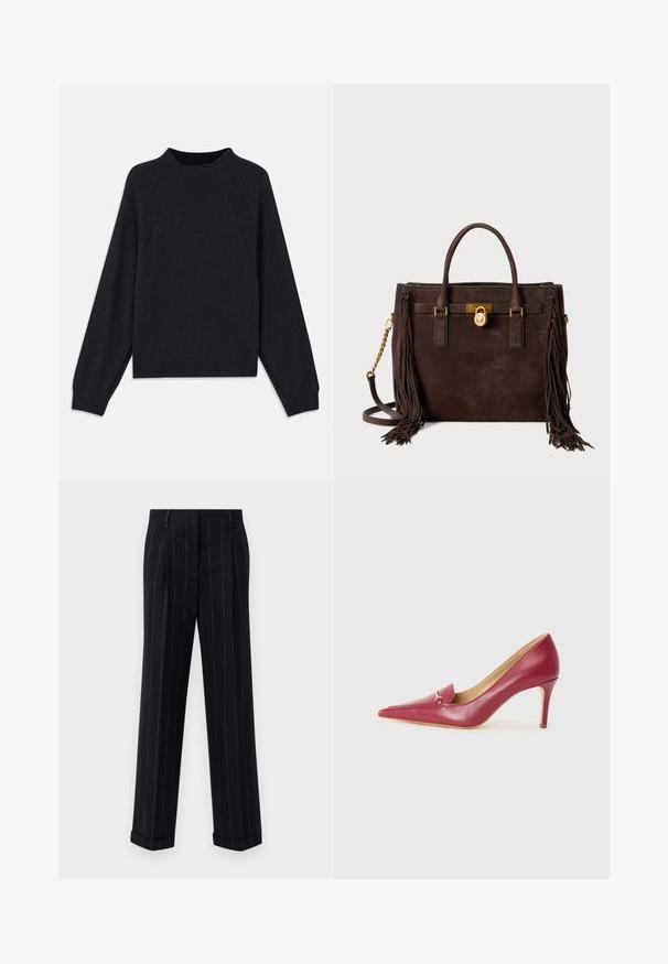 Mørkeblå sweater med rund halsudskæring, lange raglanærmer, ribbede manchetter og lige nederkant. Fremstillet af et blødt, tekstureret strikmateriale.; Sorte pinstripede bukser med en skræddersyet pasform, der har en manchetkant og frontfolder. Lavet af glat stof med et struktureret design.; Rød læder højhælet sko med spids tå og glat overflade, der har en lille flap og detaljer i guld på forfod.; Mørkebrunt ruskinds skuldertaske med dobbelte håndtag, guldfarvet hardware, justerbar kædesnor og dekorative frynse-detaljer på siderne.