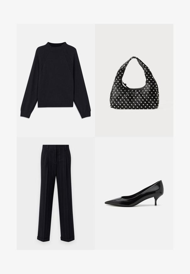 Dark navy sweater with a round neckline, long raglan sleeves, ribbed cuffs, and a straight hem. Made from a soft, textured knit material.; Black pinstriped trousers with a tailored fit, featuring a cuffed hem and front pleats. Made of smooth fabric with a structured design.; Black patent leather high heel shoe with a pointed toe and a low stiletto heel. Smooth texture and minimalist design, no visible patterns or accents.; Black leather handbag with a curved handle, featuring a pattern of metallic studs evenly distributed across the surface. Zipper closure.
