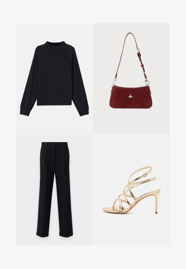 Dunkelblauer Pullover mit rundem Ausschnitt, langen Raglanärmeln, gerippten Bündchen und geradem Saum. Hergestellt aus einem weichen, strukturierten Strickmaterial.; Schwarz gestreifte Hose mit tailliertem Schnitt, mit einem umgeschlagenen Saum und vorderen Falten. Hergestellt aus glattem Stoff mit einer strukturierten Gestaltung.; Casadei JULIA INTERSTELLAR - High Heel Sandalette - glass/platino; Rote Wildleder Schultertasche mit einer curved Form. Verfügt über einen silberfarbenen Akzent und einen verstellbaren Trageriemen mit Hardware-Details. Glatte Textur.