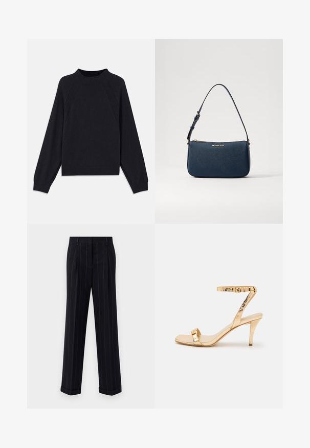 Tumši zilas krāsas džemperis ar apaļu kakla izgriezumu, garām raglanu piedurknēm, ribotām aprocēm un taisnu apakšu. Izgatavots no mīksta, teksturēta adījuma materiāla.; Melnas pinstrīpu bikses ar pielāgotu piegriezumu, ar apgāztu apakšmalu un priekšējām kroku detaļām. Izgatavotas no gludas auduma ar struktūrētu dizainu.; Zeltīti metāliskas augstpapēžu sandales ar šauru potītes siksnu, kvadrātveida purngalu un dekoratīviem hardware akcentiem. Gluda tekstūra ar spīdīgu apdari.; Tumši zila sintētiskā ādas soma ar zelta toņa logo, ar rāvējslēdzēju un regulējamu plecu siksnu, ar gludu tekstūru un taisnstūra formu.