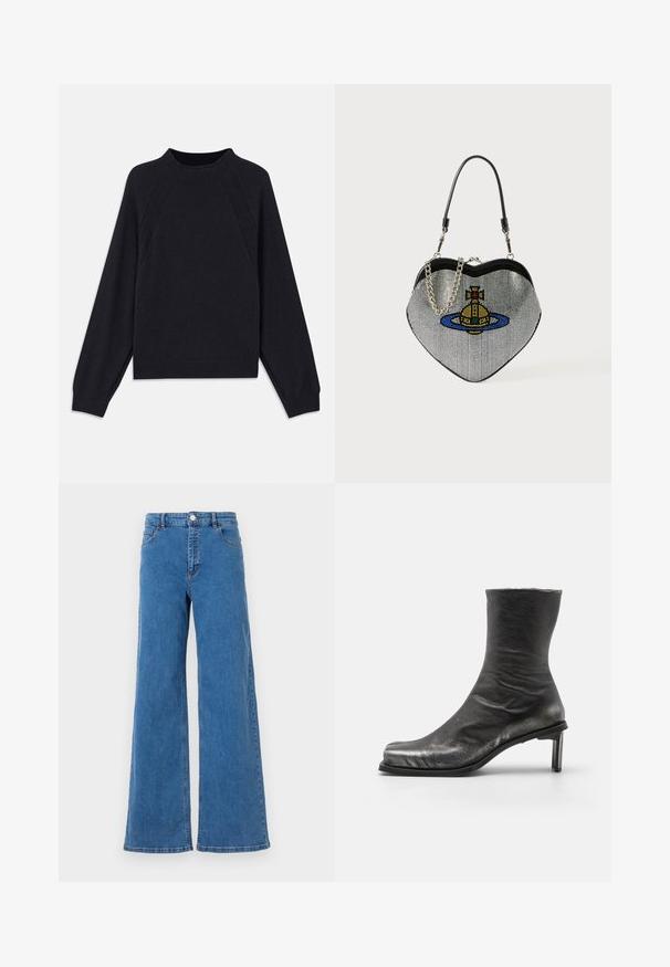 Sweater azul marinho escuro com decote redondo, mangas raglan longas, punhos canelados e barra reta. Feito de um material de malha macia e texturizada.; Jeans de denim azul de perna larga com uma cintura alta, bolsos frontais e fecho de botão. O tecido tem uma textura suave e um padrão de costura clássico.; MIISTA BRENDA - Botas clássicas de cano curto - brush off metal; Bolsa em forma de coração feita de rede com um acabamento metálico, apresentando um design de gato e planeta em azul, amarelo e vermelho. Inclui uma alça em corrente.