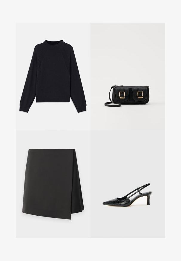 Tamno plavi pulover s okruglim izrezom, dugim raglan rukavima, rebrastim manžetama i ravnim donjim rubom. Izrađen od mekog, teksturiranog pletenog materijala.; Crna mini suknja visokog struka s asimetričnom donjom rubom, izrađena od glatkog materijala, ima minimalistički dizajn bez ukrasa.; Crne lakirane slingback pete s oštrim vrhom, s teksturiranim uzorkom zmijske kože, podesivom remenom i kratkom, teksturiranom blok-petom.; Crna kožna torba preko ramena s dva prednja džepa, zlatnim kopčama, zatvaranjem na zip i uskim remenom. Teksturirana površina i kompaktan pravokutan oblik.
