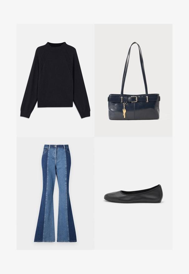 Sweater azul marinho escuro com decote redondo, mangas raglan longas, punhos canelados e barra reta. Feito de um material de malha macia e texturizada.; Calças de ganga flare com um design bicolor, apresentando painéis de denim azul escuro e claro, fecho frontal com botão e estilo de bolsos clássico.; Bailarina preta em pele com bico arredondado, textura suave, detalhe de costura minimalista e design de sola flexível.; Bolsa de couro azul-marinho com duas alças longas, um detalhe de fivela e um porta-chaves anexado. Apresenta uma textura suave e uma forma retangular.