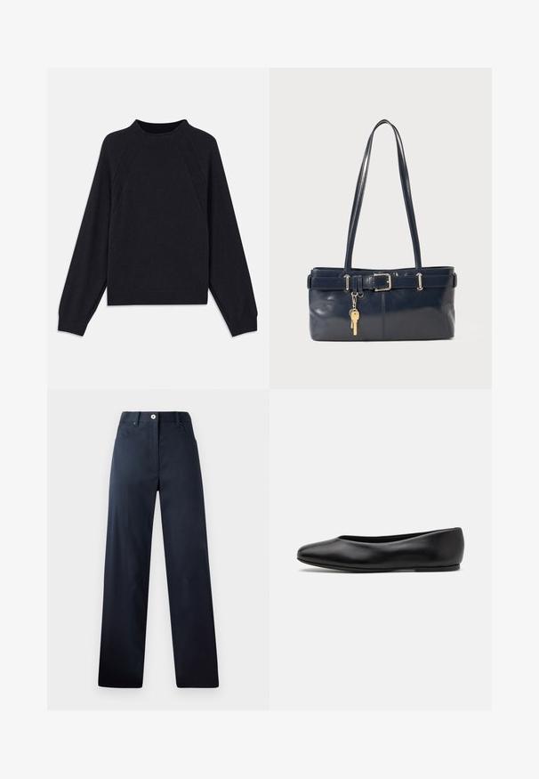 Dark navy sweater with a round neckline, long raglan sleeves, ribbed cuffs, and a straight hem. Made from a soft, textured knit material.; Dark navy trousers with a straight-leg design, made from smooth fabric. Features front pockets, a button closure, and subtle stitching details.; Paul Smith TOPANGA - Ballet pumps - black; Navy leather handbag with two long handles, a buckle detail, and a keychain attached. Features a smooth texture and a rectangular shape.