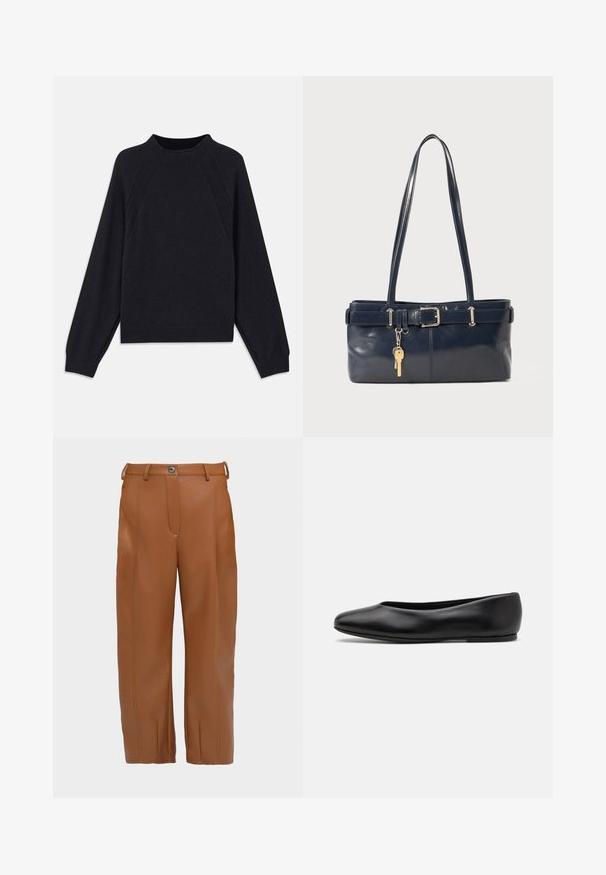 Pull en marine foncé avec un col rond, des manches raglan longues, des poignets côtelés et un ourlet droit. Fabriqué en un matériau tricoté doux et texturé.; Pantalons en simili cuir marron avec une coupe droite, des détails de couture à l'avant, deux passants de ceinture et une fermeture par un bouton unique à la taille.; Paul Smith TOPANGA - Ballerines - black; Sac à main en cuir bleu marine avec deux longues poignées, un détail de boucle et un porte-clés accroché. Il présente une texture lisse et une forme rectangulaire.