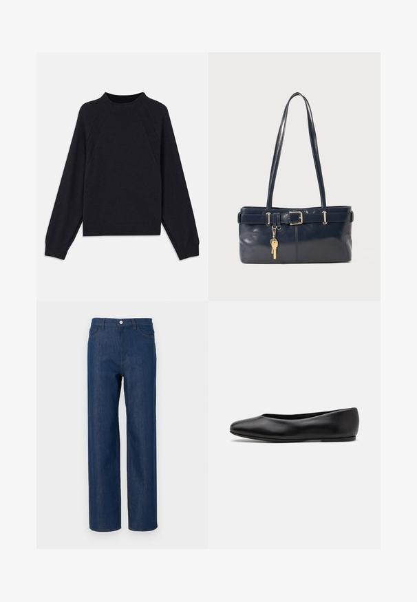Dark navy sweater with a round neckline, long raglan sleeves, ribbed cuffs, and a straight hem. Made from a soft, textured knit material.; Dark blue denim jeans with a straight leg, five-pocket design, silver button closure, and subtle stitching details on pockets.; Paul Smith TOPANGA - Ballet pumps - black; Navy leather handbag with two long handles, a buckle detail, and a keychain attached. Features a smooth texture and a rectangular shape.