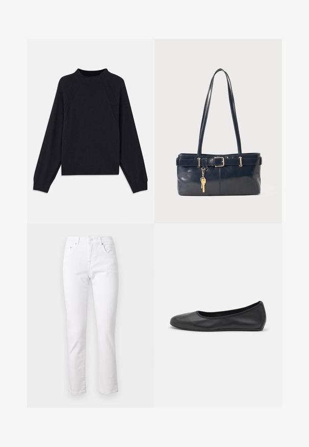 Tmavomodrý sveter s okrúhlym výstrihom, dlhými raglánovými rukávmi, rebrovanými manžetami a rovnom lemom. Vyrobený z mäkkého, textúrovaného pleteného materiálu.; Biele denimové nohavice so strižným strihom, stylingom s piatimi vreckami a kovovým zapínaním, s hladkým povrchom a minimálnym prešívaním.; Čierne kožené baleríny s okrúhlou špičkou, hladkým povrchom, minimálnym prešívaním a flexibilným dizajnom podrážky.; Námornícka kožená kabelka s dvoma dlhými uchami, detailom s prackou a pripojeným kľúčovým držiakom. Má hladkú textúru a obdĺžnikový tvar.