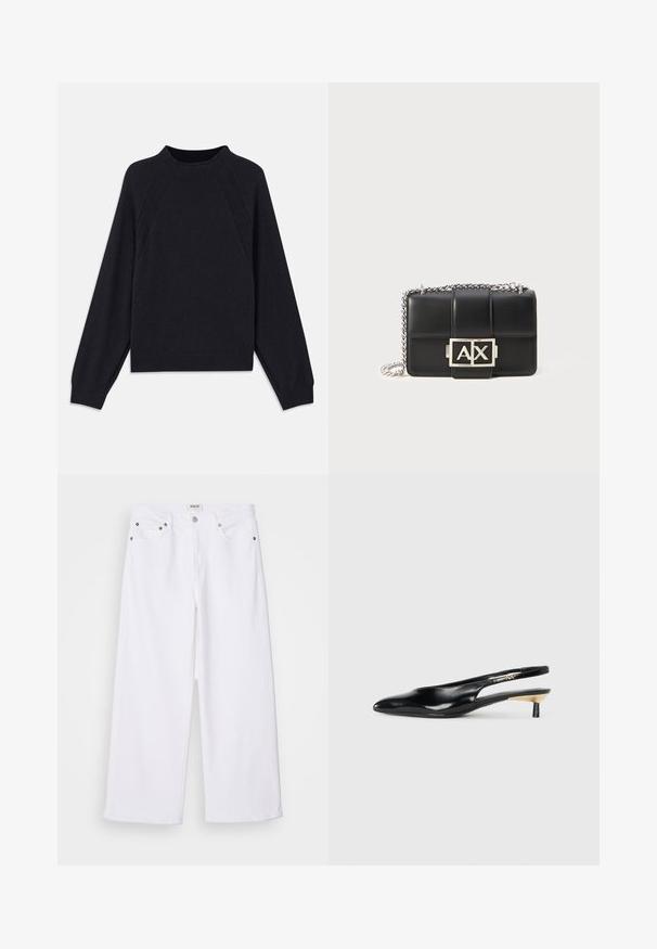 Tamsiai mėlynas megztukas su apvaliu iškirpimu, ilgomis raglan rankovėmis, rausvais rankogaliais ir tiesiu apatine dalimi. Pagamintas iš minkštos, tekstūruotos megztos medžiagos.; Baltos plačios kojos džinsai, pagaminti iš džinsinio audinio, su penkių kišenių dizainu, metalinėmis detalėmis ir aukštu liemeniu, turintys švarų kraštą.; Juodos slingback aukštakulniai su pailgu pirštu, blizgi odinė apdaila ir mažas kulnas su auksiniu akcentu. Išmanus dizainas su atviru nugara.; Juodas odinis rankinukas su siuvinėtu raštu, sidabriniu grandinės dirželiu ir ryškiu sidabriniu "AX" logotipu priekyje. Kompaktiška stačiakampio formos.